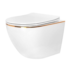 Set Bideu REA CARLO MINI si Vas WC REA CARLO MINI FLAT EDGE, Montaj suspendat, Ceramica sanitara, Capac Soft-Close inclus, Alb/Auriu - Img 3
