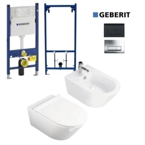 Set Bideu si Vas WC PRO GEBERIT, ceramica sanitara, Vas WC SONET RIMLESS + Bideu + Capac Soft-Close Inclus SLIM PREMIUM + Cadru + Clapeta - Img 1
