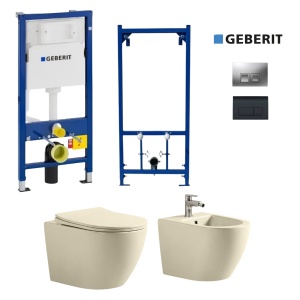 Set Bideu si Vas WC Pro Geberit, montaj suspendat, vas WC Fluminia Ricci Tornado, cappuccino mat, capac soft-close + Bideu + Cadru + Clapeta