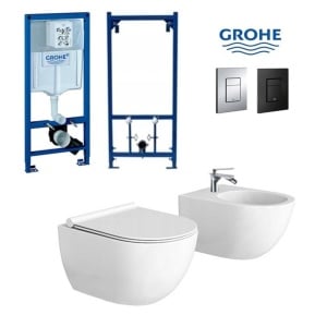Set Bideu si Vas WC PRO GROHE, montaj suspendat, ceramica sanitara, WC VERONA Minerva RIMLESS+Bideu +Capac Soft-Close SLIM PREMIUM +Cadru+Clapeta - Img 1