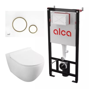 Set rezervor WC cu cadru incastrat Alcadrain AM101/1120 si clapeta M775 alb plus vas WC Fluminia Minerva cu capac softclose alb - Img 1