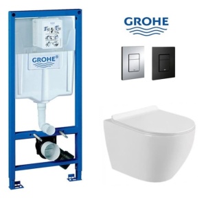 Set Vas WC PRO GROHE, Montaj Suspendat, Ceramica Sanitara, Vas WC VERA Alfonzo RIMLESS + Capac Soft-Close SLIM Inclus + Cadru + Clapeta - Img 1