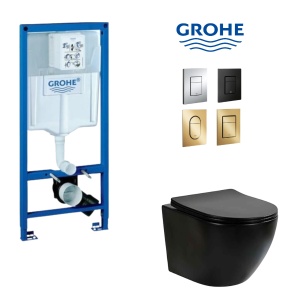 Set vas WC PRO Grohe, montaj suspendat, vas WC Fluminia Ricci Tornado negru mat, capac soft-close, quick release + Cadru + Clapeta