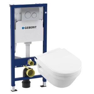 Set vas wc suspendat Villeroy & Boch Architectura cu capac soft close rezervor Geberit Duofix si clapeta Delta20 crom