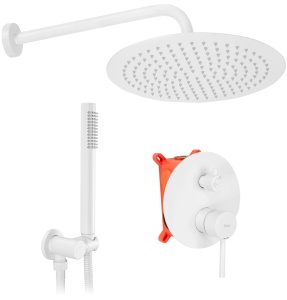 Sistem Complet De Dus REA LUNGO ALB + BOX, Montaj In Perete, Para Rotunda Tip Ploaie 25x25 Cm, 2 Functii De Curgere A Apei, Alb Mat - Img 1
