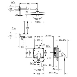 Sistem de dus incastrat Grohe Eurocube cu palarie Tempesta Cube 250, crom - Img 3