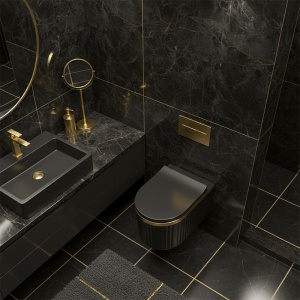 Vas de WC suspendat Luma Black Matt - Gold Brush cu caneluri – rimless, capac soft close - Img 4