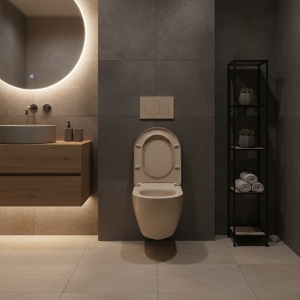 Vas WC suspendat Flow Tornado Cappuccino, rimless cu capac soft close duroplast - Img 4