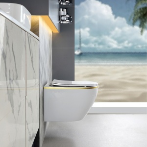 Vas WC suspendat Mizu Tornado White&Gold, rimless cu capac softclose din duroplast - Img 4