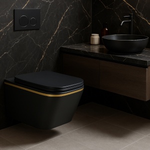 Vas Wc suspendat Rain Rimless Black Mat Gold Edge , capac soft-close inclus - Img 2