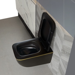 Vas WC suspendat Yuzu Tornado Black Matt & Gold, rimless cu capac softclose - Img 6