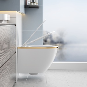 Vase de toaleta suspendat Peak White Matt&Gold, rimless cu capac softclose - Img 4