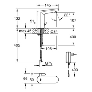 Baterie electronică pentru lavoar Grohe Eurosmart Cosmopolitan E 36325002, senzor infraroșu, crom - Img 4
