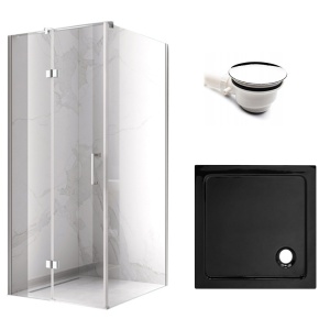 Cabina de dus patrata din sticla securizata si rame cromate cu cadita de dus neagra KZ01B/ST02A-BL 80 x 80 cm