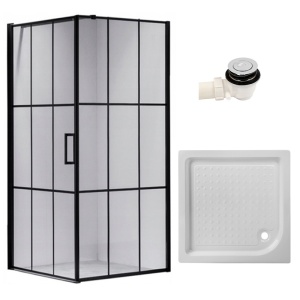 Cabina de dus patrata din sticla securizata si rame negre cu cadita alba antialunecare BS13A-SXL02A 80 x 80 cm