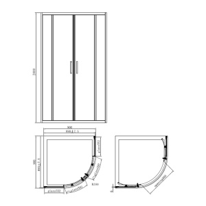 Cabina de dus semirotunda Fluminia Meda Black 90x90 cm, inaltime 200 cm, profil negru - Img 2