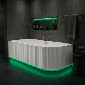 Cada de baie striata, montaj stanga, Rio 504C 160 x 75 cm, alb lucios, ventil cromat si fanta LED - Img 11