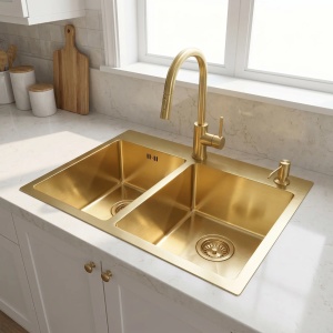 Chiuveta bucatarie cu doua cuve inox Toby Brush Gold - Img 4