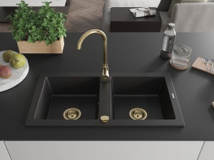 Chiuveta bucatarie din granit cu 2 cuve. 820X436mm, negru cu sifon auriu - Img 3