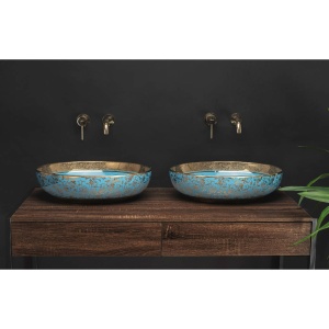 Chiuveta de blat REA MARGOT, Dimensiuni 42 x 34x 14 cm, Forma Ovala, Ceramica sanitara, Albastru/Auriu - Img 4