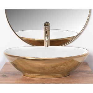 Chiuveta de blat REA PAMELA Gold, Dimensiuni 53 cm x 33 x 15 cm, Ceramica Sanitara,fara gaura baterie, Auriu - Img 4