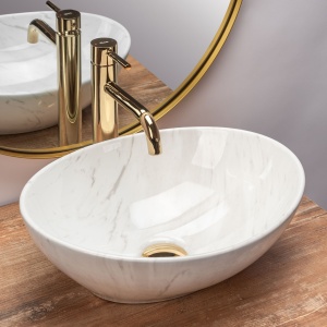 Chiuveta De Blat REA SOFIA CALALA, Dimensiuni 41 X 33.5 X 15 Cm, Montaj Pe Blat, Design Deosebit, Forma Ovala, Ceramica Sanitara, Alb / Gri - Img 3