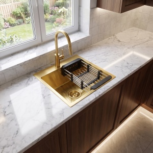Chiuveta de bucatarie din inox cu set de accesorii Rea Leo 40 brush gold - Img 2