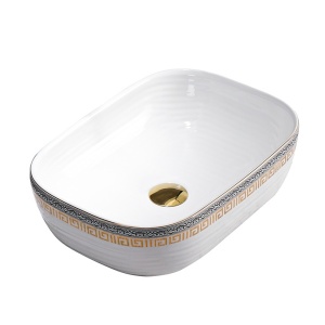 Lavoar ceramic dreptunghiular alb cu decoratiuni gri-aurii si montaj pe blat Milo White Gloss 45 x 32 cm - Img 5