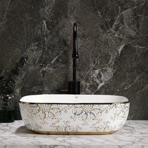 Lavoar ceramic dreptunghiular alb cu detalii florale aurii Milo White Gloss 45 x 32 cm - Img 9
