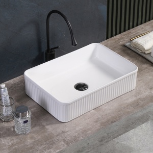 Lavoar ceramic dreptunghiular cu caneluri si cu fixare pe blat Aura White Gloss 50 x 34 cm - Img 9