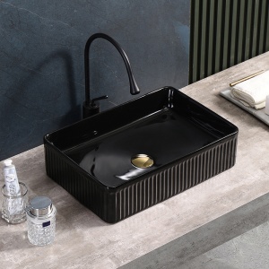 Lavoar ceramic dreptunghiular cu caneluri si montaj pe blat Aura Black Gloss 50 x 34 cm - Img 7