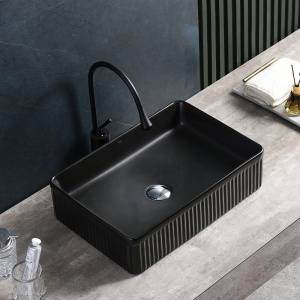 Lavoar ceramic dreptunghiular cu caneluri si montaj pe blat Aura Black Matt 50 x 34 cm - Img 7
