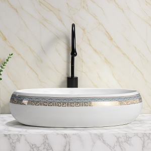 Lavoar ceramic oval alb cu decoratiune aurie Cari 60 x 40 cm - Img 10