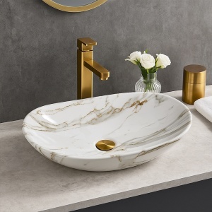 Lavoar ceramic oval alb marmorat cu montaj pe blat Lavi White Gloss 62 x 36 cm - Img 11