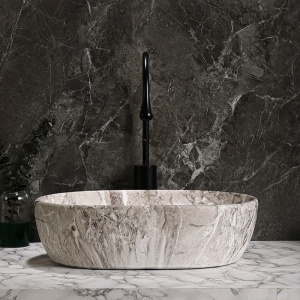 Lavoar ceramic oval cu fixare pe blat Neo Marble Grey Matt 48 x 34 cm - Img 4