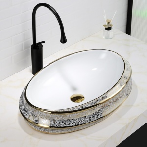 Lavoar ceramic oval cu interior alb si exterior cu decoratiuni aurii Yoko 60 x 40 cm - Img 8