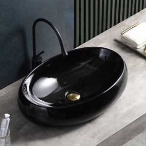 Lavoar ceramic oval cu montaj pe blat Cari Black Gloss 60 x 40 cm - Img 2