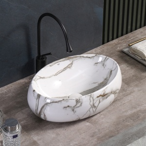Lavoar ceramic oval cu montaj pe blat Cari White&Marble 50 x 31 cm - Img 9