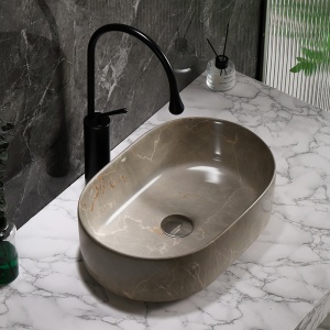 Lavoar ceramic oval din marmura bej cu montaj pe blat Navi 46 x 31 cm - Img 13