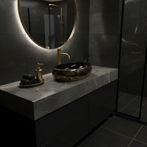 Lavoar ceramic oval negru cu decoratiuni aurii si montaj pe blat Cari 60 x 40 cm - Img 13