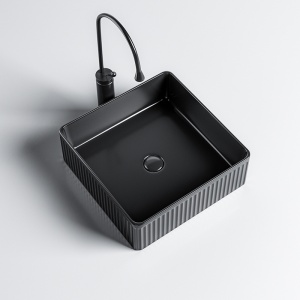 Lavoar ceramic patrat cu caneluri si montaj pe blat Aura Black Gloss 37 x 13 cm - Img 3