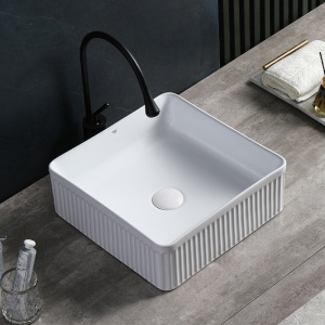 Lavoar ceramic patrat cu caneluri si montaj pe blat Aura White Gloss 37 x 37 cm - Img 2