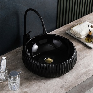 Lavoar ceramic rotund cu caneluri si montaj pe blat Naomi Black Gloss 40 x 15 cm - Img 2