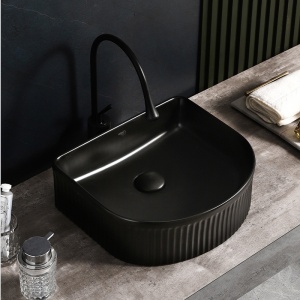 Lavoar ceramic semirotund cu caneluri si montaj pe blat Fino Black Gloss 40 x 35 cm - Img 6