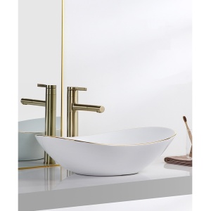Lavoar De Blat PRO ZUZAN, Dimensiuni 60.5 X 36 X 15 Cm, Forma Ovala, Ceramica Sanitara, Alb/Auriu - Img 2
