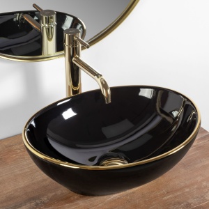 Lavoar De Blat REA SOFIA BLACK GOLD EDGE, Dimensiuni 41 X 34.5 X 15 Cm, Montaj Pe Blat, Design Deosebit, Forma Ovala, Ceramica Sanitara, Negru - Img 5