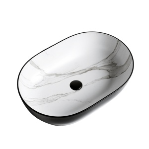 Lavoar oval ceramic cu fixare pe blat din marmura neagra mata si alb la interior Neo 60 x 42 cm