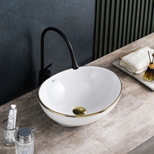 Lavoar oval cu montaj pe blat, alb cu rama aurie Lumo 40 x 33 cm - Img 2