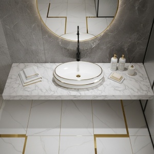 Lavoar oval cu montaj pe blat Yoko, alb cu rame aurii lucioase 60 x 40 cm - Img 6