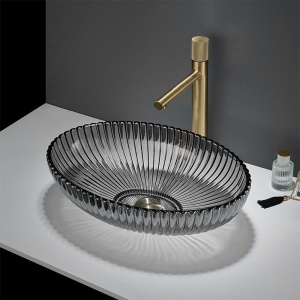 Lavoar oval din sticla cu caneluri Brillant Platinium Black Gloss 51 x 35 cm - Img 2